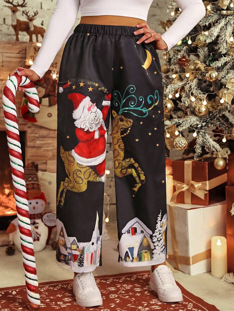 SHEIN LUNE Plus Size Casual Christmas Loose Black Pants - Black - View 1
