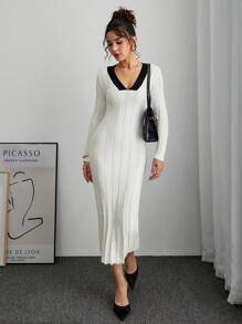 SHEIN Frenchy Women Colorblock Fuzzy Long Sleeve Fitted Elegant Sweater Dress Winter - Black and White - View 6