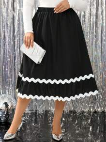 SHEIN LUNE Plus Size Women Colorblock Wavy Ribbon Decor Christmas/Halloween Party A-Line Midi Skirt - Black - View 4