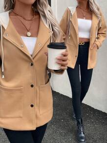 Chiquease Women Khaki Color-Block Hooded Loose Overcoat With Metal Buttons, Fall Clothes - Khaki - View 1