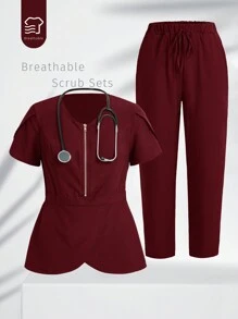 TaskEZ Burgundy Red Short-Sleeved Top And Pants Scrub Uniform Sets