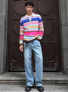 Mainfolk Men's Knitted Fashion Daily Casual Loose Fit Multi-Color Long Sleeve Polo Shirt - Multicolor - View 3