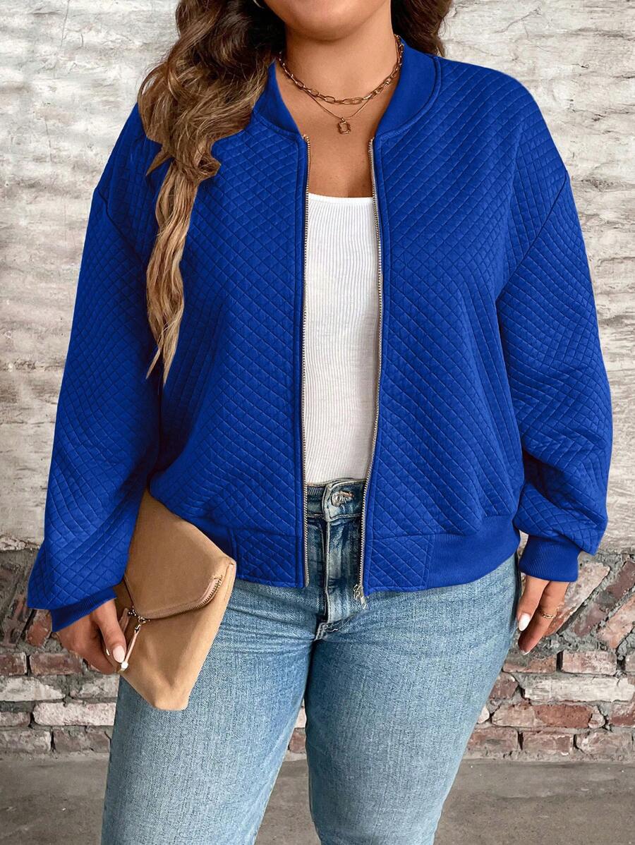 SHEIN LUNE Áo khoác cổ bóng chày trơn cỡ lớn cho mùa thu - Màu xanh lam - Xem 1