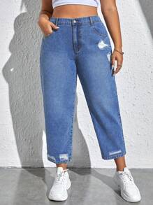 SHEIN CURVE+ Plus Size Fashionable Tapered Jeans Without Elasticity - Blue - View 1