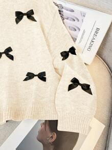 Tween Girls Loose Fit Crew Neck Pullover Sweater, Casual Yet Sweet With Bow Decor, Long Sleeve,In Fall/Winter - Apricot - View 4