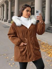 SHEIN EZwear Parka à capuche femme grande taille avec taille à cordon de serrage et bordure douce, automne/hiver