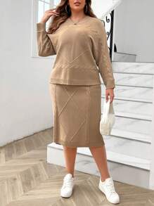 Calvaya Plus Size Women's Solid Color Simple Daily Wear Sweater & Long Skirt Set, Long Sleeve - Khaki - View 4
