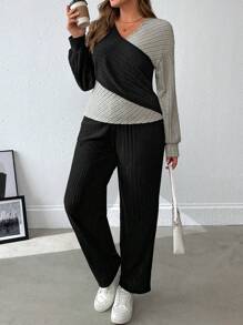 SHEIN LUNE Plus Size Women 2pcs/Set Color Blocking Casual Knit Sweater And Pants Suit, Autumn/Winter - Black - View 3