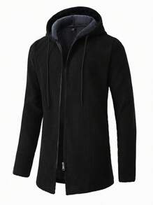 Manfinity Homme 男士休闲纯色保暖内衬连帽夹克，秋冬 - 黑色 - 查看 1