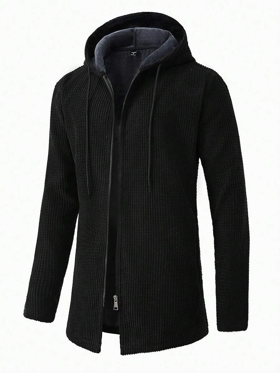 Manfinity Homme 男士休闲纯色保暖内衬连帽夹克，秋冬 - 黑色 - 查看 1