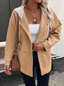 Chiquease Women Khaki Color-Block Hooded Loose Overcoat With Metal Buttons, Fall Clothes - Khaki - View 6