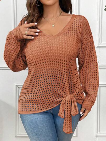 Calvaya Plus Size Women Solid Hollow Out Dropped Shoulder Long Sleeve Knotted Hem Casual Pullover Sweater, Autumn Knit Pullover Fall Winter