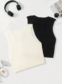 Zolique 2 件套女士休闲纯色 V 领罗纹针织毛衣和背心 - 黑與白 - 查看 3