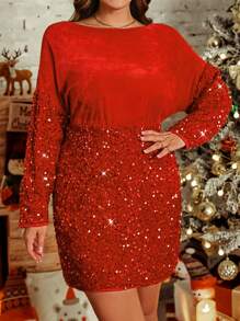 SHEIN Clasi 大码女式节日撞色亮片后扭纹仿珍珠链修身优雅连衣裙，适合秋冬季、圣诞节和万圣节派对 - 酒紅色 - 查看 3