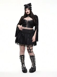 Whyspr 大码哥特朋克高腰蕾丝拼接褶皱荷叶边系带腰带街头风半身裙 哥特女装 - 黑色 - 查看 5