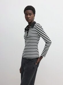 BizChic Striped Long Sleeve T-Shirt, Casual Fashion Commuter Tops, Elegant Thanksgiving & Christmas Clothing For Women - Black and White - View 8