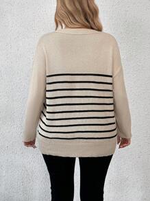 SHEIN LUNE Plus Size Women Stripe Round Neck Drop Shoulder Long Sleeve Casual Knit Pullover Sweater, Autumn/Winter Knit Pullover Fall Outfit
