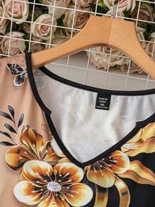 SHEIN Clasi 秋季大码优雅花卉印花拼色休闲连衣裙 - 黑與白 - 查看 5