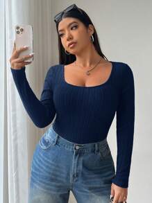 SHEIN EZwear Plus Size Women's Casual School Back To School First Day Breakfast Everyday Leisure Indoor Yoga Outdoor Comfort Black Knitted Elastic Fuzzy Fabric Solid Color Square Neck Fitted Long Sleeve Knit T-Shirt