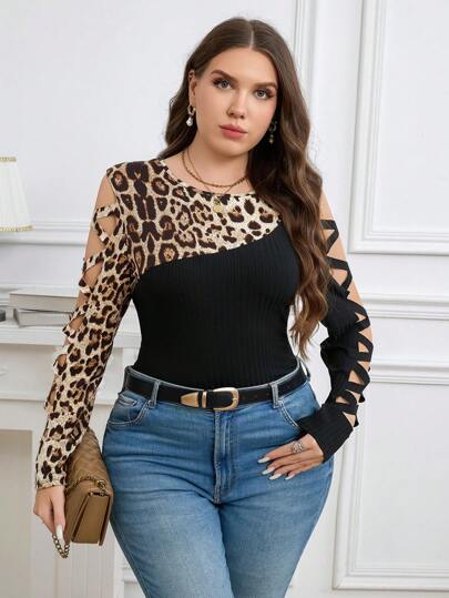 SHEIN Clasi 大码纯色拼布圆领长袖镂空简约 T 恤，休闲日常穿着