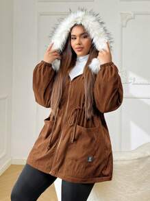 SHEIN EZwear Parka à capuche femme grande taille avec taille à cordon de serrage et bordure douce, automne/hiver