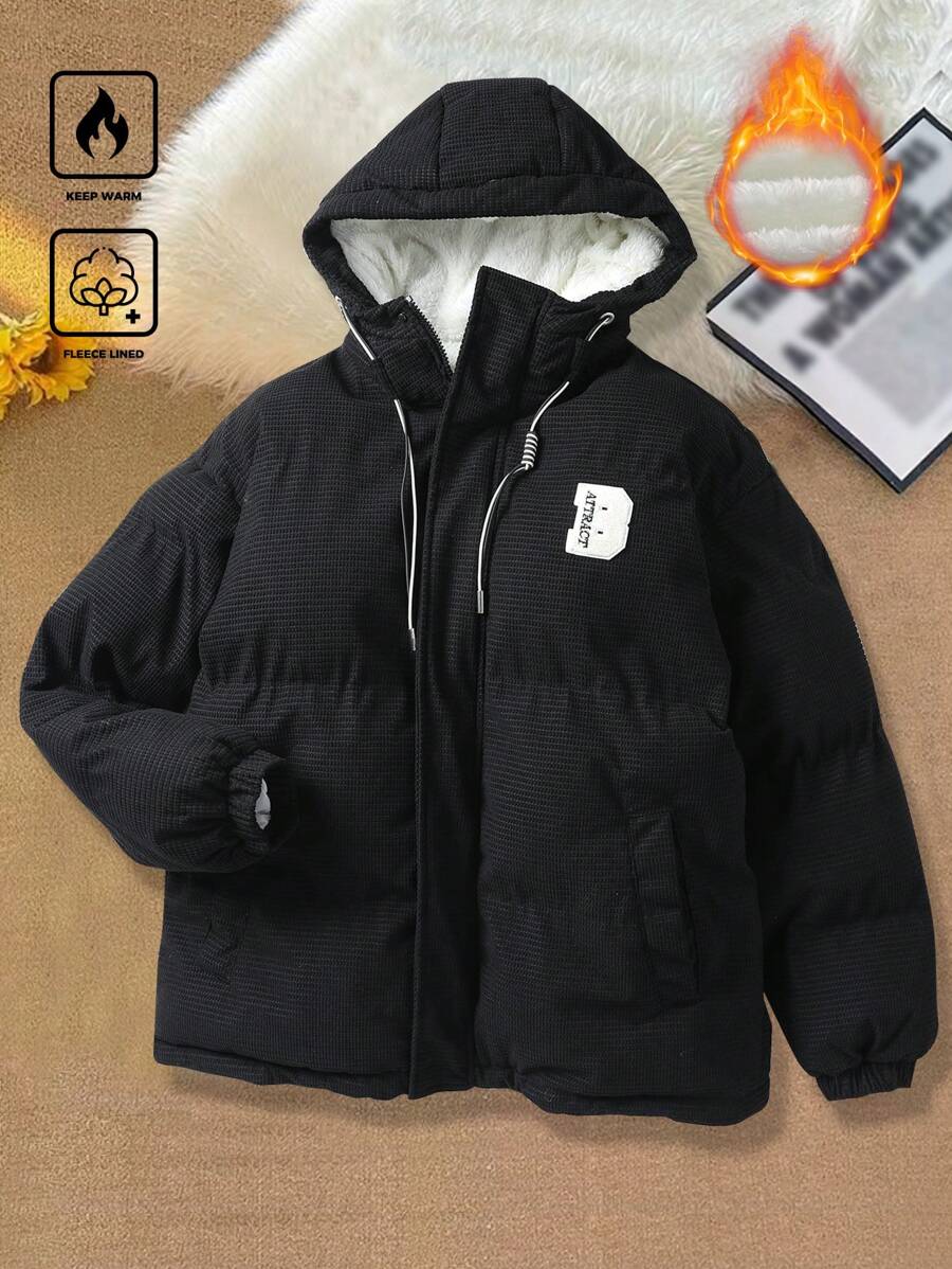 Manfinity Hypemode Cappotto imbottito casual con cappuccio, stampa a lettera, termico, con coulisse, per uomo, per l'inverno, adatto per amici, marito o fidanzato come regalo - nero - Visualizzare 1
