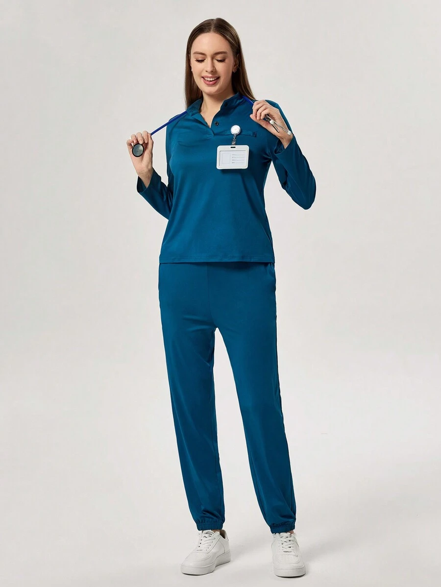 TaskEZ Women Simple Solid Button Half Placket Top And Pants Scrub Uniform Set - Teal Blue - View 1