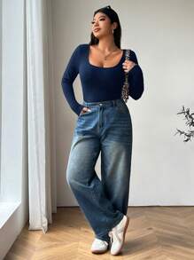 SHEIN EZwear Plus Size Women's Casual School Back To School First Day Breakfast Everyday Leisure Indoor Yoga Outdoor Comfort Black Knitted Elastic Fuzzy Fabric Solid Color Square Neck Fitted Long Sleeve Knit T-Shirt