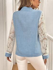 SHEIN PETITE Women Elegant Denim Effect Contrast Lace Trim Long Sleeve Shirt, Autumn