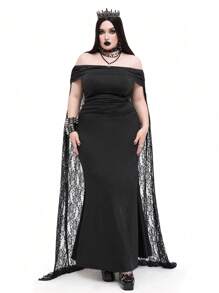 Whyspr Váy đuôi cá xếp ly ren tương phản Gothic cỡ lớn hở vai, thích hợp cho tiệc tối, tiệc tùng, đêm hẹn hò, biểu diễn - màu đen - Xem 5