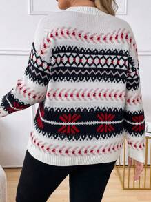 Calvaya 大码女式几何图案长袖休闲宽松套头毛衣，适合秋冬季