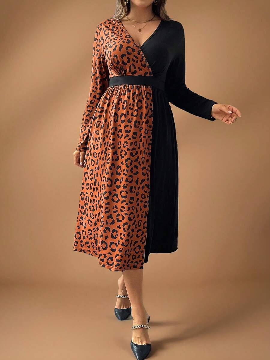 SHEIN LUNE Große Größen Damen Leopard Patchwork Lässig Herbst/Winter Pulloverkleid und Stiefel