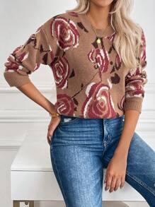 SHEIN LUNE 玫瑰印花圆领休闲提花针织长袖套头衫