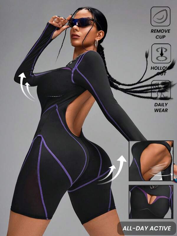 Innovista Women's Contrast Breathable Mesh Cut Out&Hollow Out Long Sleeve Backless Skinny Jumpsuit,Black Jumpsuit Workout,Jumpsuits For Woman,Jumpsuit,Tennis Women Outfits,Tummy Control & Butt-Lifting Overall Shorts, Yoga ,Gym,Biker ,Spandex ,Fall Wear