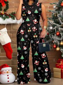Slaydiva Casual Minimalist Christmas Element Loose Plus Size Jumpsuit, Suitable For Summer