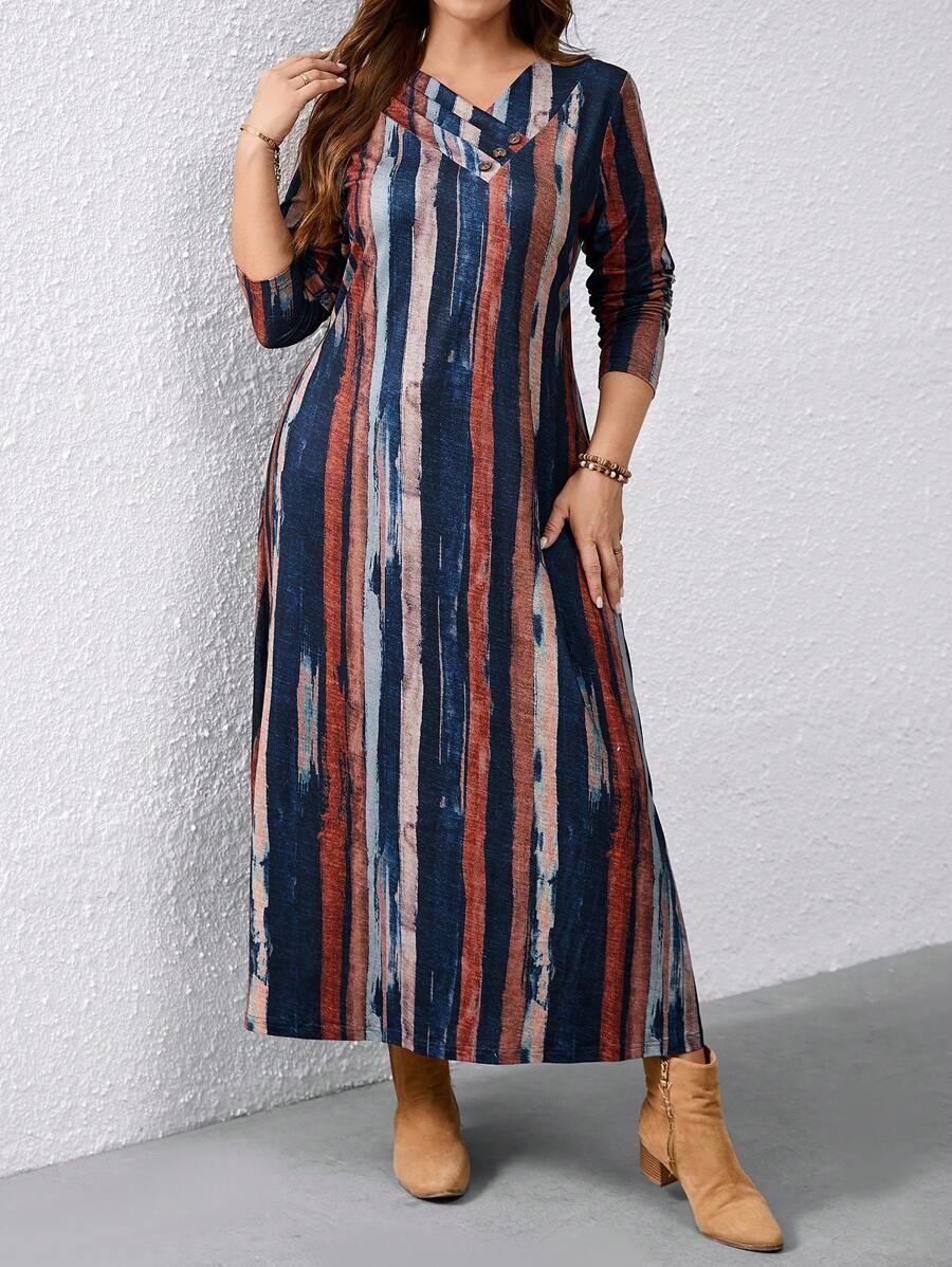 Plus Size V-Neck Button Front Color Block Fitted Casual Dress For Women