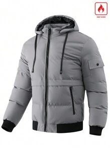 Manfinity Homme Men Flap Pocket Drawstring Hooded Padded Coat, For Fall Winter - Grey - View 1