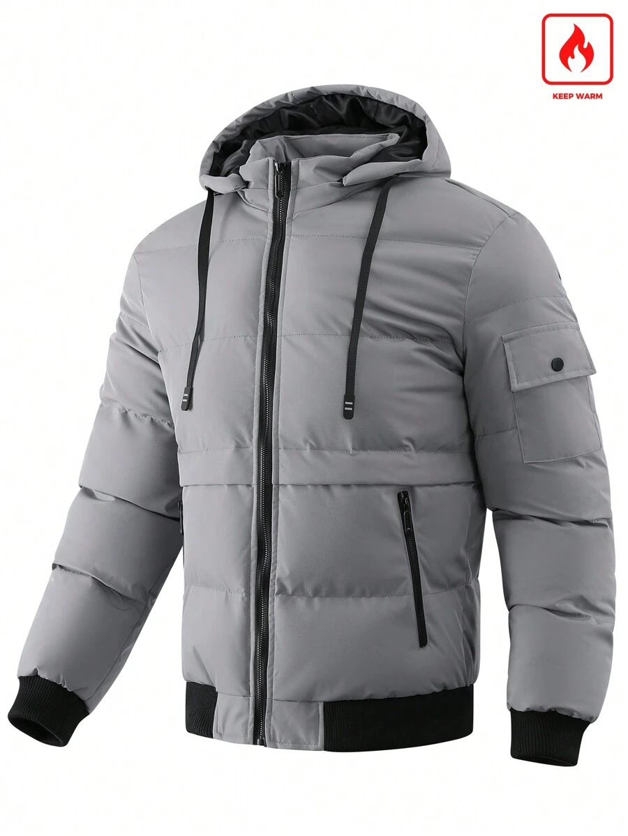 Manfinity Homme Men Flap Pocket Drawstring Hooded Padded Coat, For Fall Winter - Grey - View 1