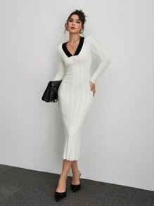 SHEIN Frenchy Women Colorblock Fuzzy Long Sleeve Fitted Elegant Sweater Dress Winter - Black and White - View 4