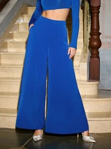 Priscila M Designer Blue Slant Pockets Zipper Fly Palazzo Pants, For Holiday, Festival