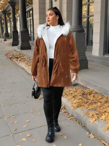 SHEIN EZwear Parka à capuche femme grande taille avec taille à cordon de serrage et bordure douce, automne/hiver