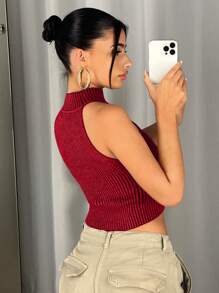 SHEIN ICON 女士夏季休闲金属装饰修身无袖针织上衣 - 紅色 - 查看 2