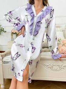 Roupão de Cetim Falso de Mulher com Estampa de Borboleta e Babados Coloridos - Damasco - Visão 3