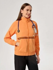 TaskEZ Chaqueta de uniforme para enfermería con cremallera, impresión de rayas y bolsillo, manga larga - Naranja Coral - Ver 8