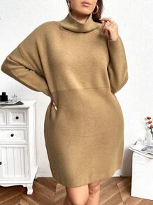 SHEIN LUNE Plus Size Casual Daily Simple Solid Turtleneck Loose Knit Sweater Dress, For Autumn/Winter