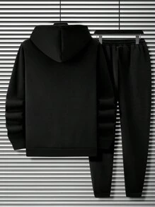 SHEIN Manfinity Homme 2pcs Men Letter Print Drawstring Hoodie Sweatshirt & Sweatpants Set, Casual For Autumn - Black - View 2