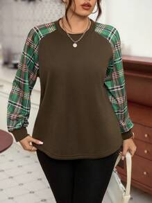 SHEIN LUNE Plus Size Women's Plaid Patchwork Raglan Sleeve Casual Sweatshirt, Spring Autumn Pullover Fall - Multicolor - View 3