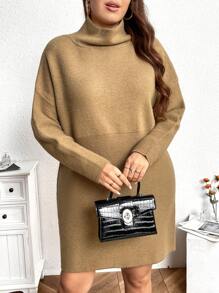 SHEIN LUNE Plus Size Casual Daily Simple Solid Turtleneck Loose Knit Sweater Dress, For Autumn/Winter