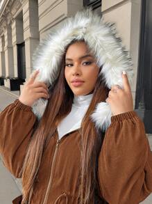 SHEIN EZwear Parka à capuche femme grande taille avec taille à cordon de serrage et bordure douce, automne/hiver