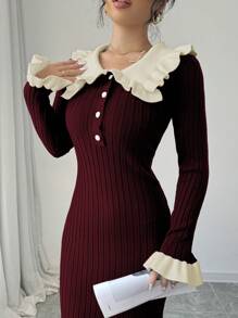 Selianne 优雅拼色荷叶边下摆美人鱼下摆毛衣裙，适合秋冬季 - 酒紅色 - 查看 4